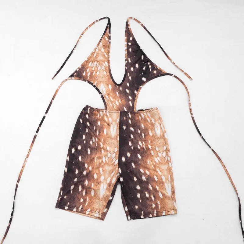 FAGADOER Deer Print Sexy Hollow Out Romper Hot Girl Bandage Halter Shorts Backless Bodycon Jumpsuits New Trendy Streetwear