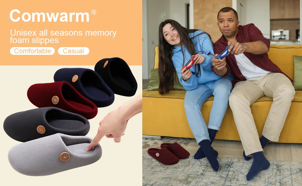 Comwarm Winter Warm Cotton Slippers For Women Men Flats Soft Non-slip Fluffy Shoes Design Slides Couple Indoor House Slippers