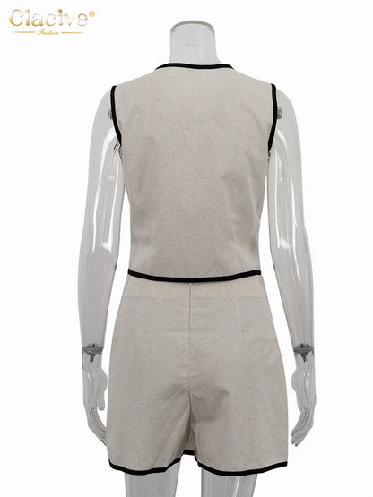 Clacive Summer Slim Khaki Cotton 2 Piece Set Woman Outfit 2025 Fashion Sleeveless Crop Top With High Waist Shorts Set Streetwear
