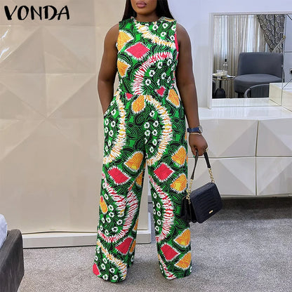 Women Jumpsuits Vintage Printed Sleeveless Overalls 2025 VONDA Summer Beach Wide Leg Playsuits Casual OL Work Long Jumpsuits