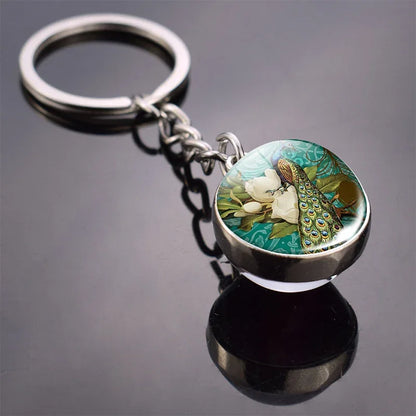 Animals Cute Keychain Cat Dog Bear Peacock Rabbit Squirrel Phoenix Double Side Glass Ball Pendant Keyring Jewelry Key Chain Gift