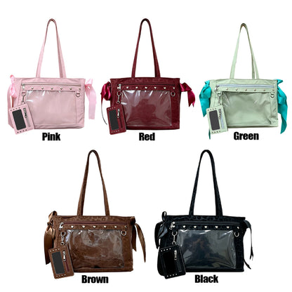 Women PU Leather Leopard Pattern Shoulder Bag with Ita Card Purse Pin Display Ribbon Ita Bags Daily Shopping Dating Shoulder Bag