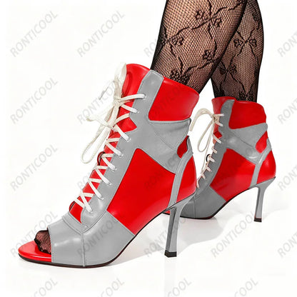 Ronticool Handmade Peep Toe Ankle Boots - Black and White Leather High Heel Shoes with Lace Up Design Size 36-43