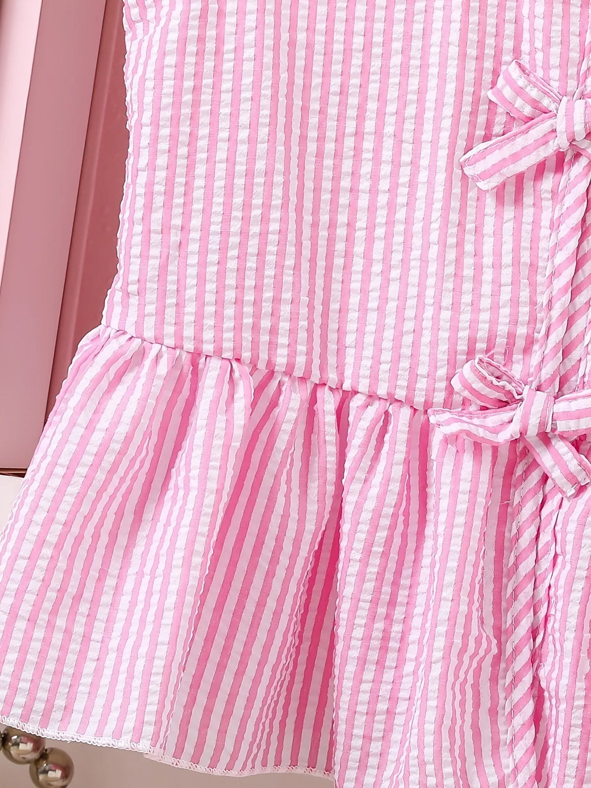 Kids Girls 2 Piece Pink Stripe Sleeveless Peplum Top & Wide Leg Pants Set Cute Bow Detail Summer Outfit