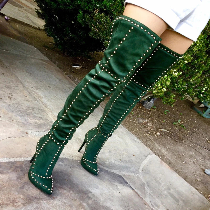 Sexy Green Blue Suede Gold Studs Women Over The Knee Boots Ladies High Heel Thick Slip On Point Toe Rivets Motorcycle Botas