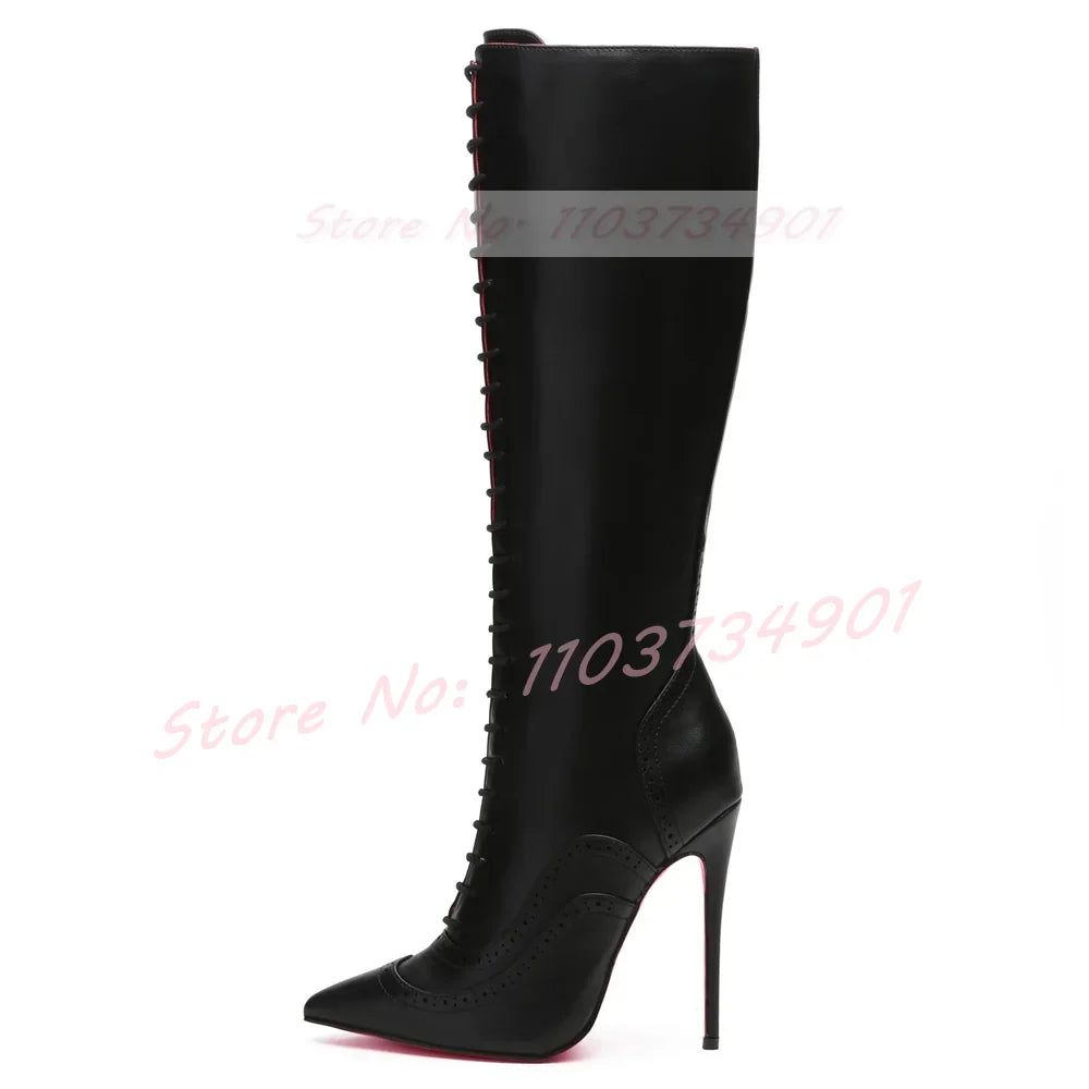 Pink Sole Zipper Knee Length Boots Women Sexy Nightclub Lace Up Pointy Toe High Heels Boots Lady Party Nifty Punk Fashion Shoes
