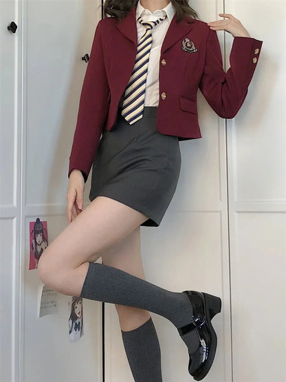 Korean Style Girls JK Uniform Suit Daily Red Blazer Coat Sexy Slim JK Wrap Buttock Skirt Women Preppy Summer School Uniform Suit
