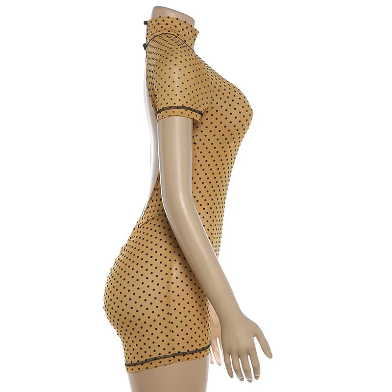 FAGADOER Khaki Polka Dot Bodycon Shorts Romper Women Stand Collar Back Hollow Out Skinny Jumpsuits Mesh See Through Playsuit