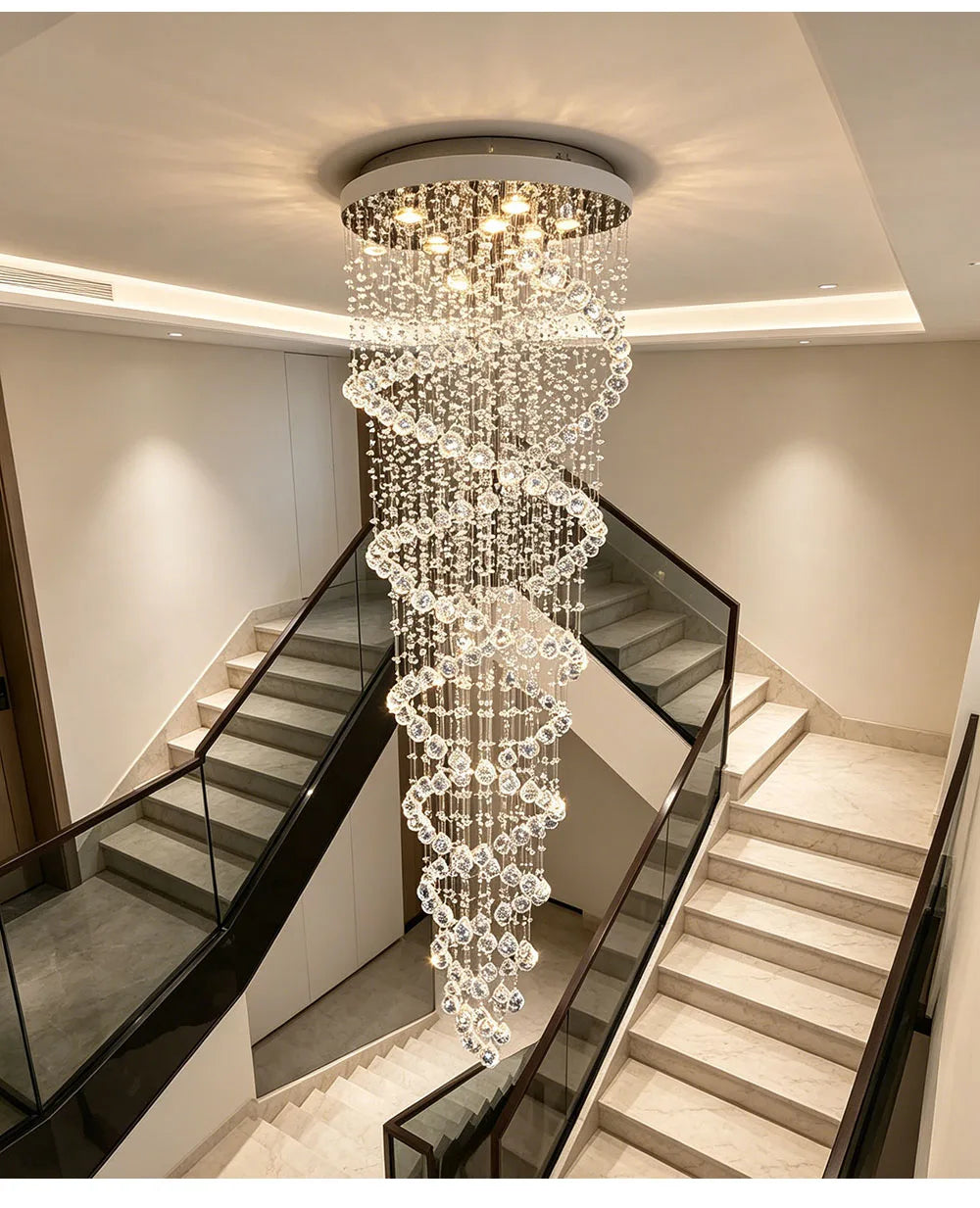 Modern Luxury Spiral Crystal Ceiling Fixture Long Cascading Crystal Design for Duplex Stairwell High Ceiling Home Lighting