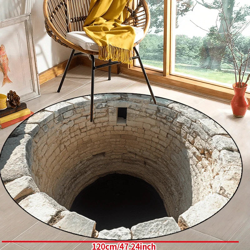Stone Well Illusion Round Rug Flannel Unique Home Decor Living Room Floor Art Optical Illusion Design Conversation Starter Piece