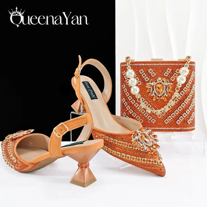 Queena Yan 2025 Italian Style Pointed Toe Rhinestone High Heels and Gold Wedge Bag Set - Elegant Ladies Party Women Shoes Heel