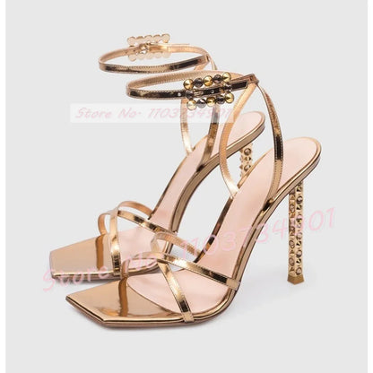 Metal Heels With Rivets Sandals Women Belt Buckle Square Toe Ankle Strap Stiletto Shoes Lady Sexy Luxury Party Elegant Sandals