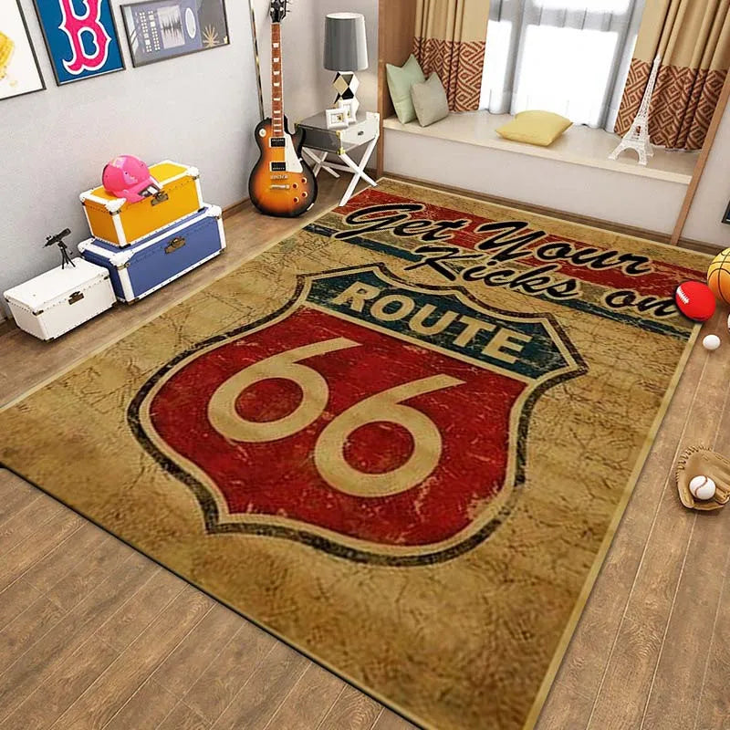 Route 66 Motorcycle Pattern Print Flannel Area Rug Americana Theme Soft Comfortable Floor Mat For Living Room Bedroom