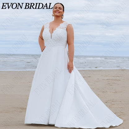 EVON BRIDAL Plus Size Spaghetti Strap Wedding Dress Lace Appliques Satin Bride Dresses Classic A-LINE Bridal Gown Custom Made