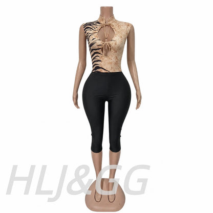 HLJ&GG Autumn Stripe Print Backless One Piece Jumpsuits Women Round Neck Long Sleeveless Slim Playsuits Sexy Overalls Streetwear
