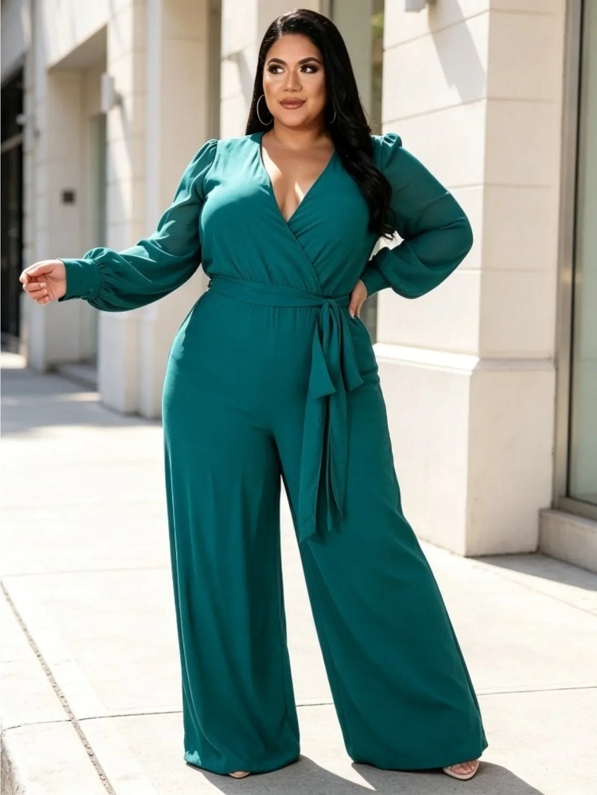 OverSize Womens Loose Solid V Neck Jumpsuit Straight Leg Design Adjustable Tie Waist Belt Elegant Casual And Work Outfit