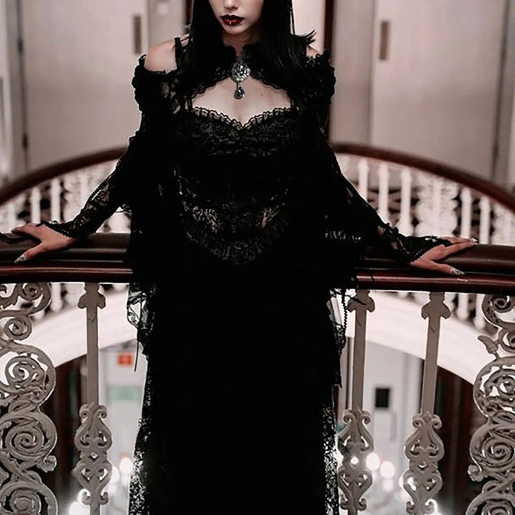 Gothic See Through Shrug Tops Grunge Aesthetic Black Flare Sleeve Crop Top Women Streetwear Vintage Punk Sexy Clothing