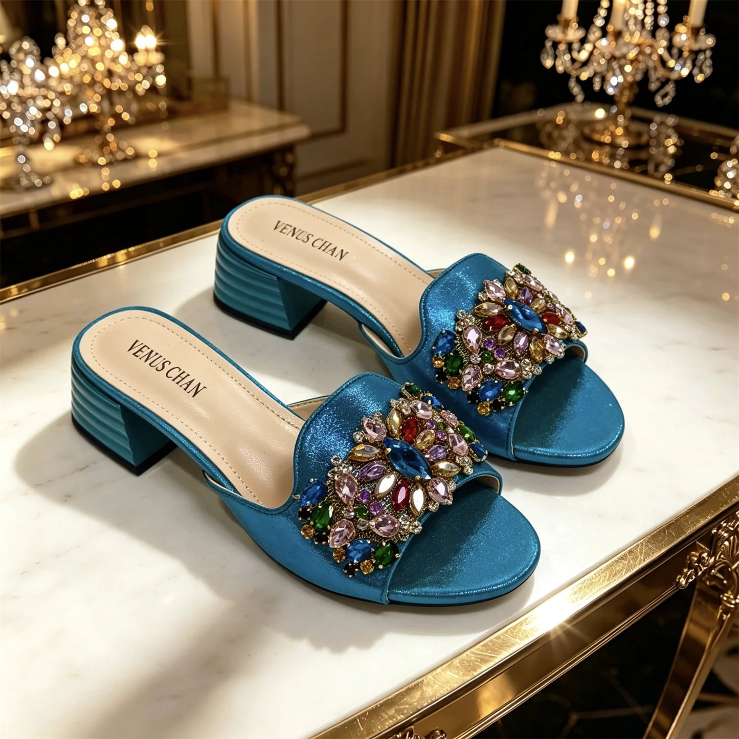 Women Luxury Multicolor Rhinestone Blue Heel Mules Black Satin Open Toe Slip On Sandals Elegant Wedding Evening Party Designer