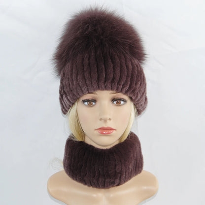 New Winter Lady Brand Hand Make Real Genuine Fox Fur Hat Scarf Girls Natural Real Rex Rabbit Fur Ring Cap Real Fur Scarves Hats