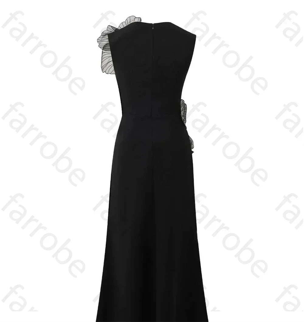 Customized Black Exquisite Evening Dress Flower Beading Ruched A-line Sleeveless Bespoke Occasion Gown Midi Dresses Party Gowns