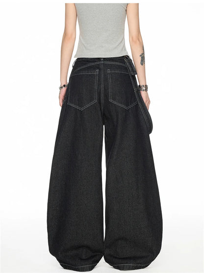Women's Detachable Black Overalls Street Jumpsuits High Waist Casual Baggy Pants Wide Leg Sweatpants Straight Unisex Trousers