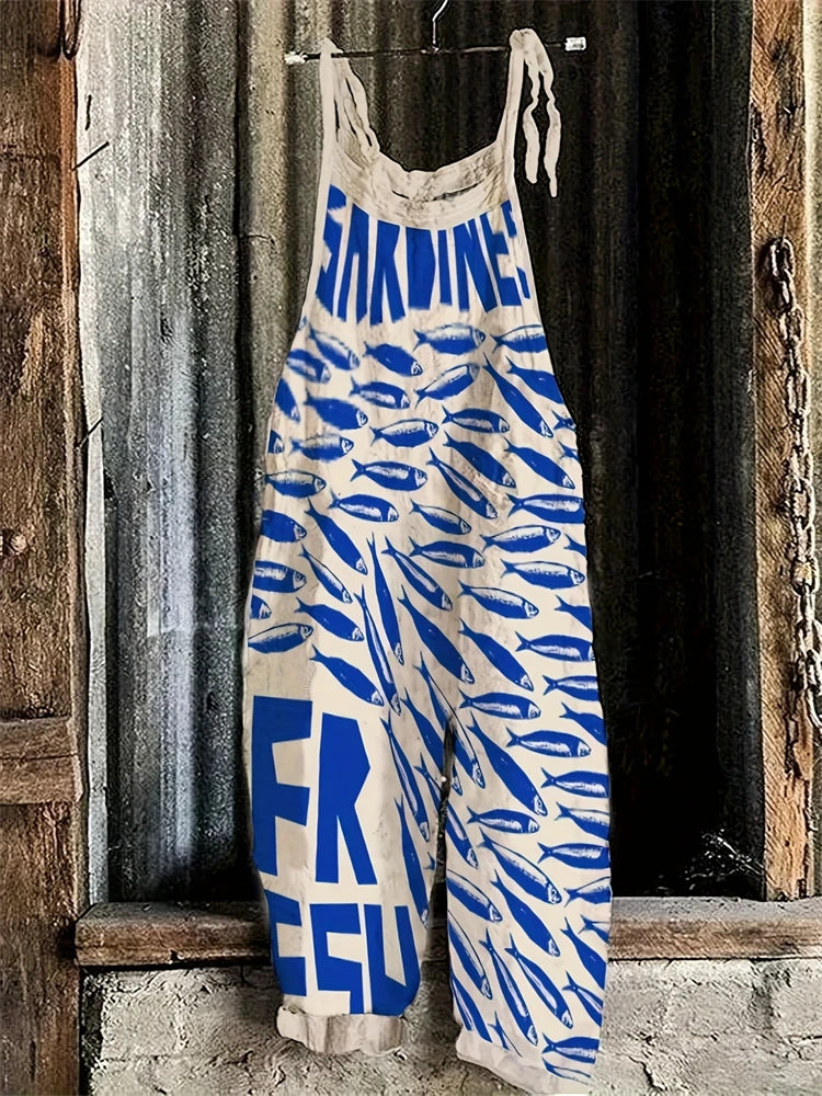 Retro Ladies Fish Print Fashion Suspender Jumpsuit Summer Outdoor Bottom Leisure Suspender Pants Casual Loose Trousers