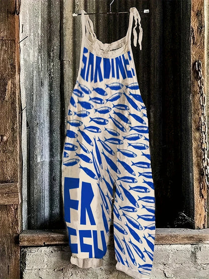 Retro Ladies Fish Print Fashion Suspender Jumpsuit Summer Outdoor Bottom Leisure Suspender Pants Casual Loose Trousers