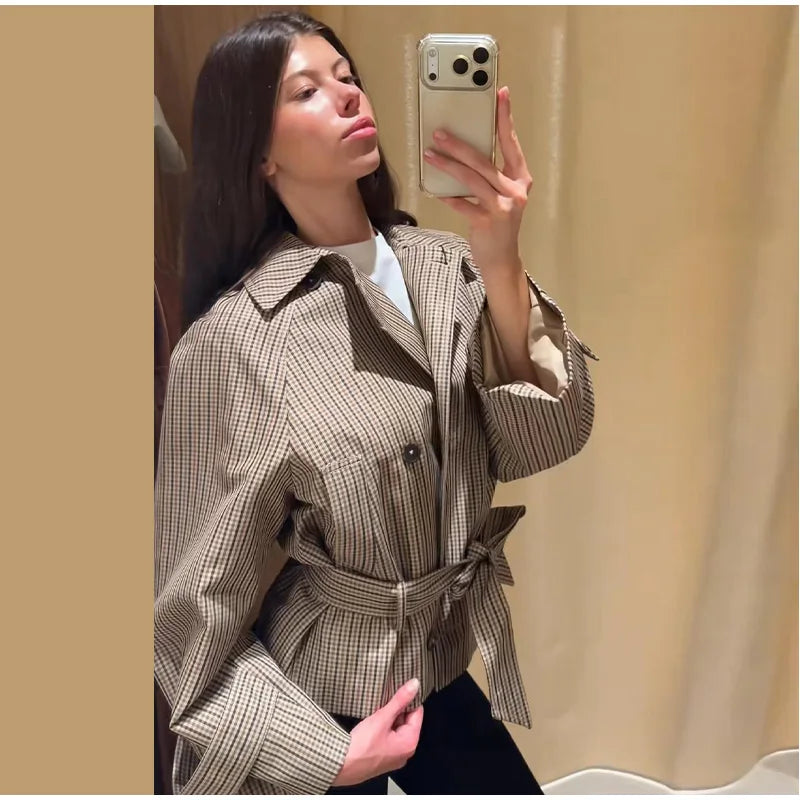 Vintage Plaid Women's Cropped Trench Coat Autumn Lapel Tie Waist Full Sleeve Windbreaker New Chic Casual Elegant Jacket 2026