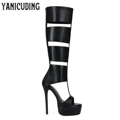 Strappy Gladiator Sandal Boots Metallic Gold Below the Knee Stiletto Boots Fashion Sexy Style Back Zipper Platform Women's Boots
