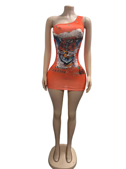 Stylish Lady Retro Tattoo Graphic Print One Shoulder Mini Dresses 2026 Women Eyelet Decor Rhinestone Bodycon Party Club Dress