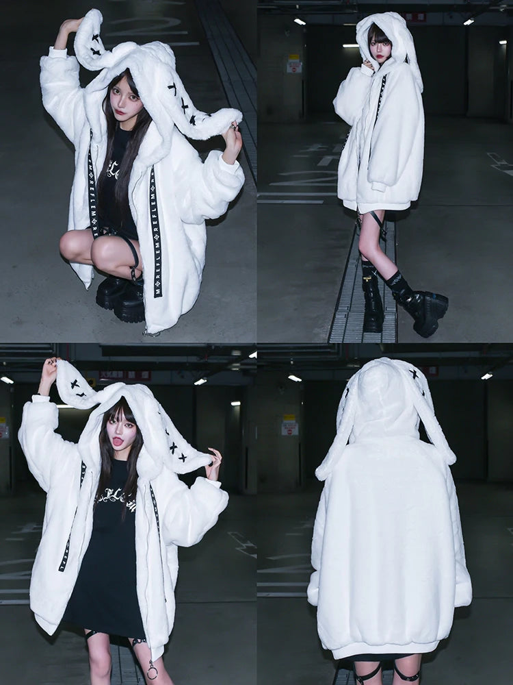 Mauroicardi Autumn Winter Sweet Cute Kawaii Soft Thick Warm Black Faux Fur Coat Women with Bunny Ears Cute Fluffy Jacket Hoodie