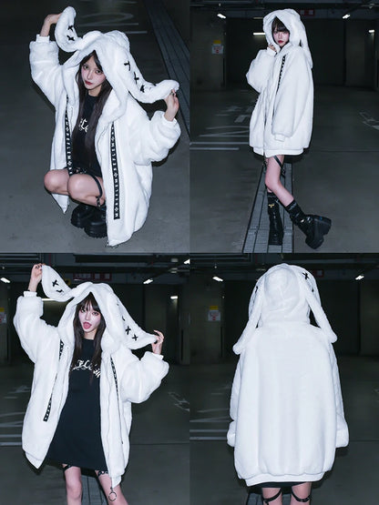 Mauroicardi Autumn Winter Sweet Cute Kawaii Soft Thick Warm Black Faux Fur Coat Women with Bunny Ears Cute Fluffy Jacket Hoodie