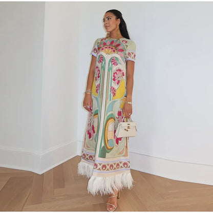 Women Art Floral Print Feather Hem Maxi Dress Short Sleeve Crew Neck Loose Fit Dresses 2026 Summer Fashion Elegant Lady Outwear