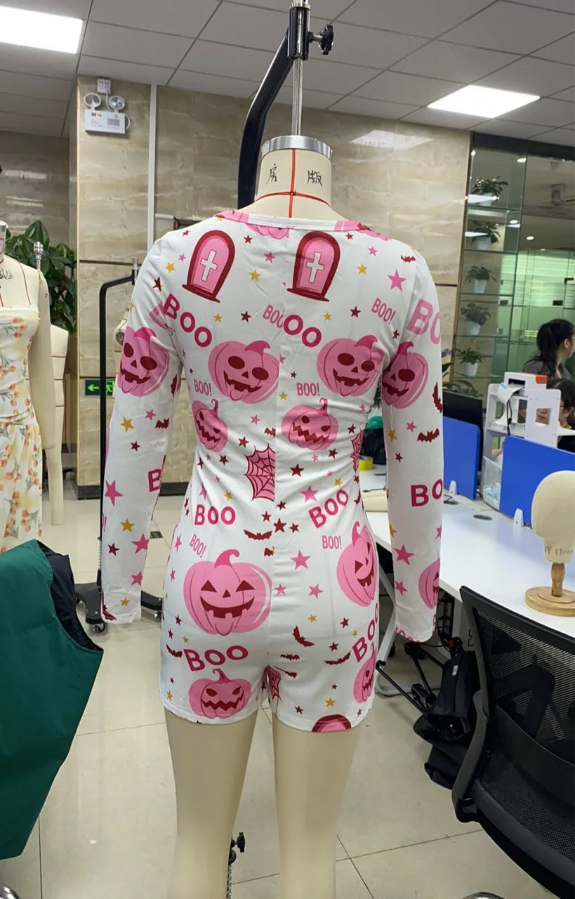Women's Halloween Romper Pajamas Long Sleeve Button Front Pumpkin Print Bodycon Jumpsuit Shorts Sleepwear