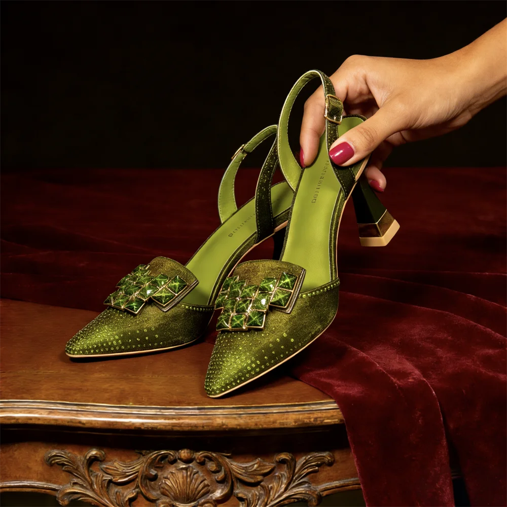 Women Green Satin Slingback High Heels Pointed Toe Emerald Crystal Rhinestone Sandals Wedding Evening Party Formal Dress Pumps