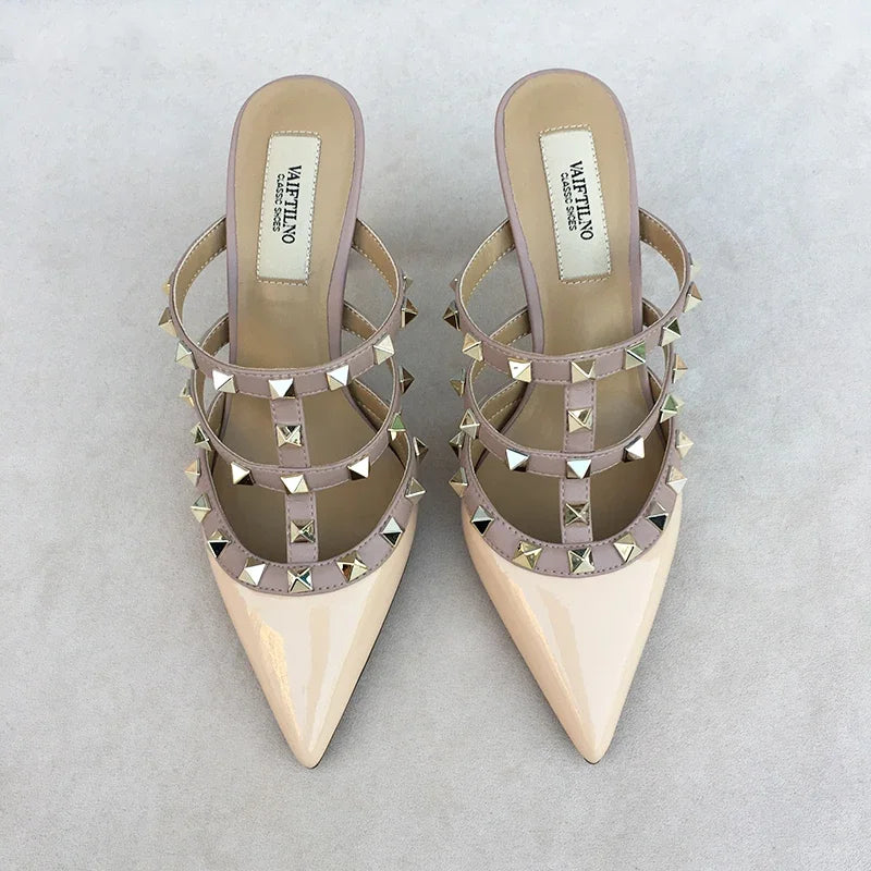 Women's sandals luxury Brand Shoes Woman 2025 trend Ankle Strap Summer Rivets High Heels Slippers Design Pointed Toe Sexy party