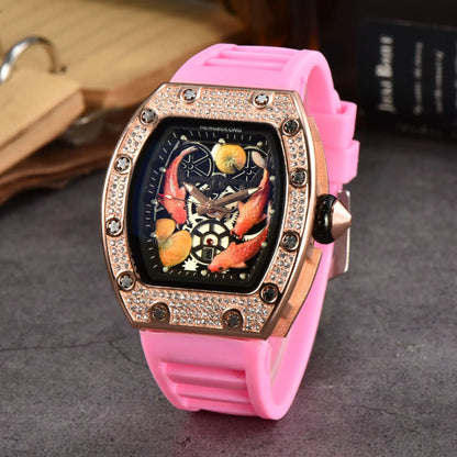 2026 New Hengbolong Diamond Quartz Watch Men's Fashion Koi Pattern with Calendar Watch
