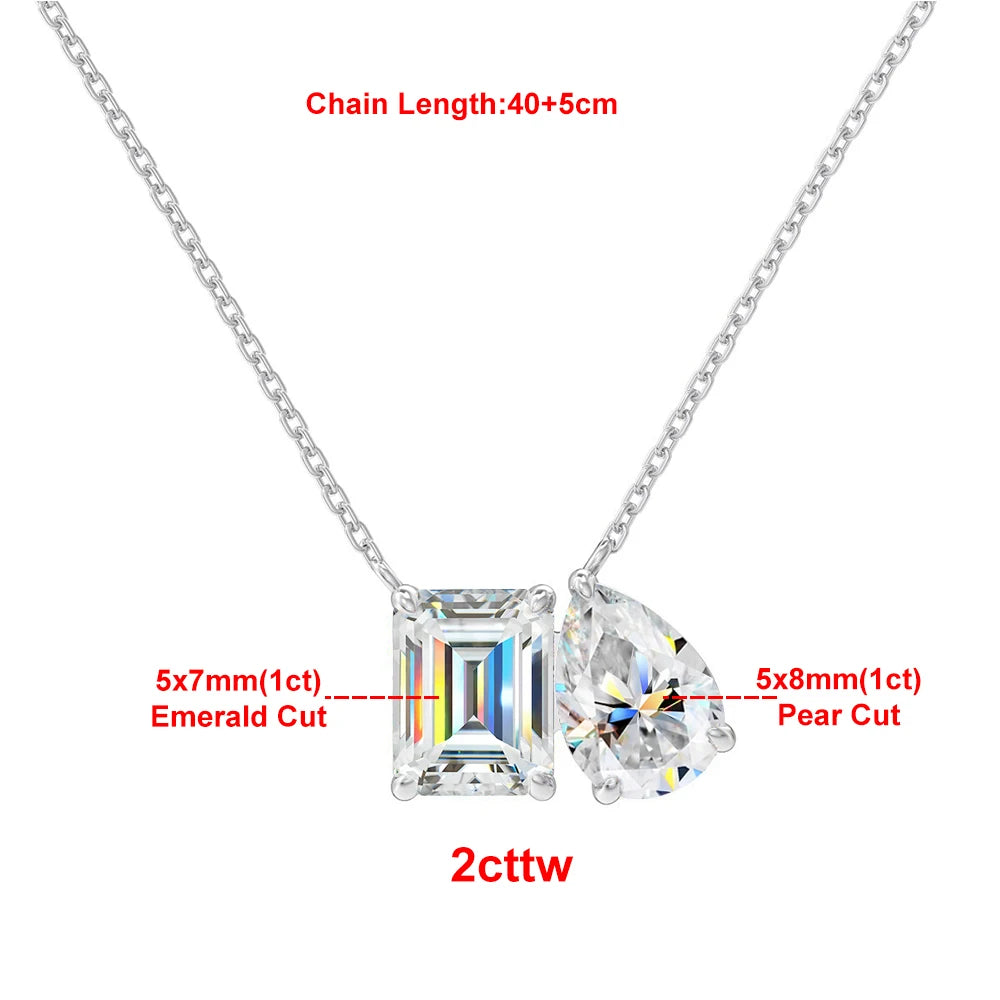 925 Sterling Silver Two Stone Toi Et Moi Necklace 2/5cttw Radiant Emerald Pear Cut Moissanite Pendant Necklace Fine Jewelry Gift