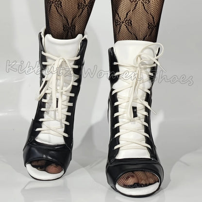 Ankle Sandal Boots Sneaker Patchwork Lace-Up Leather Open Toe Thin Heels Women Shoes Fashion Luxury Elegant Concise Sexy Newest