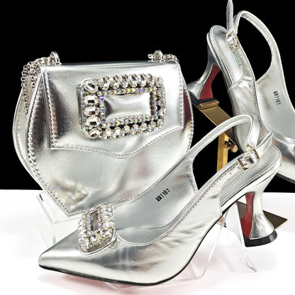 New Arrival Mature Style Purple Color Party Wedding Pointed Toe High Heel Women Shoes and Bag Set Decorated With Rhinestoe