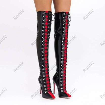 Rontic Custom Crafted Blue Thigh High Boots Stiletto Heel Design Red Detail Laces Pointed Toe Patent Leather Artisan Size 5-15