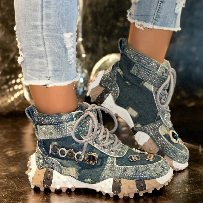 Women Rhinestone Casual Luxury Sneakers Diamond High-Top Designer Boots Thick Bottom Shoes Female Tennis Outdoors Walking Shoes