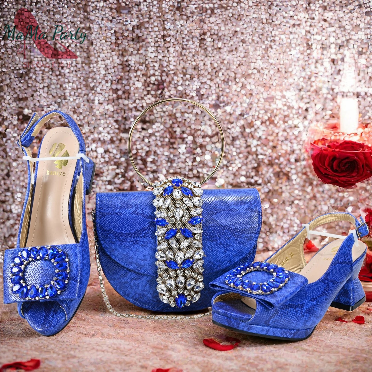 2025 Autumn New Design Specials Italian Women Shoes and Bag Set Pink Color Comfortable Mid Heels With Rhinestone