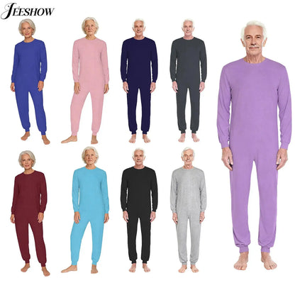 Adult Unisex Elderly Anti-Strip Adaptive Jumpsuit Solid Color Crew Neck Long Sleeve Back Zipper Rompers Special Needs Clothing