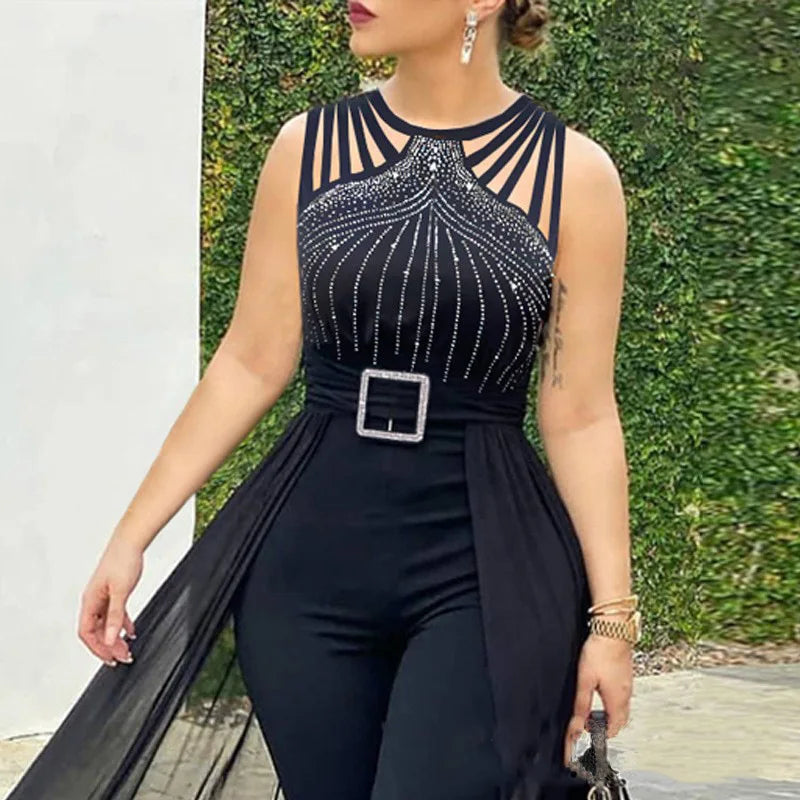 Summer Sleeveless Lace Up Women's Elegant Long Jumpsuit Fashion Hot Drill Waist Mesh Mop Slim Fit Female Party Jumpsuit 2025