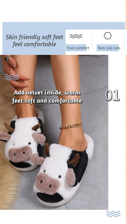 Shevalues Plush Cartoon Milk Cow Slippers Winter Women Slippers Furry Non-Slips Women Cotton Slides Couples Soft Cozy Flat Shoes