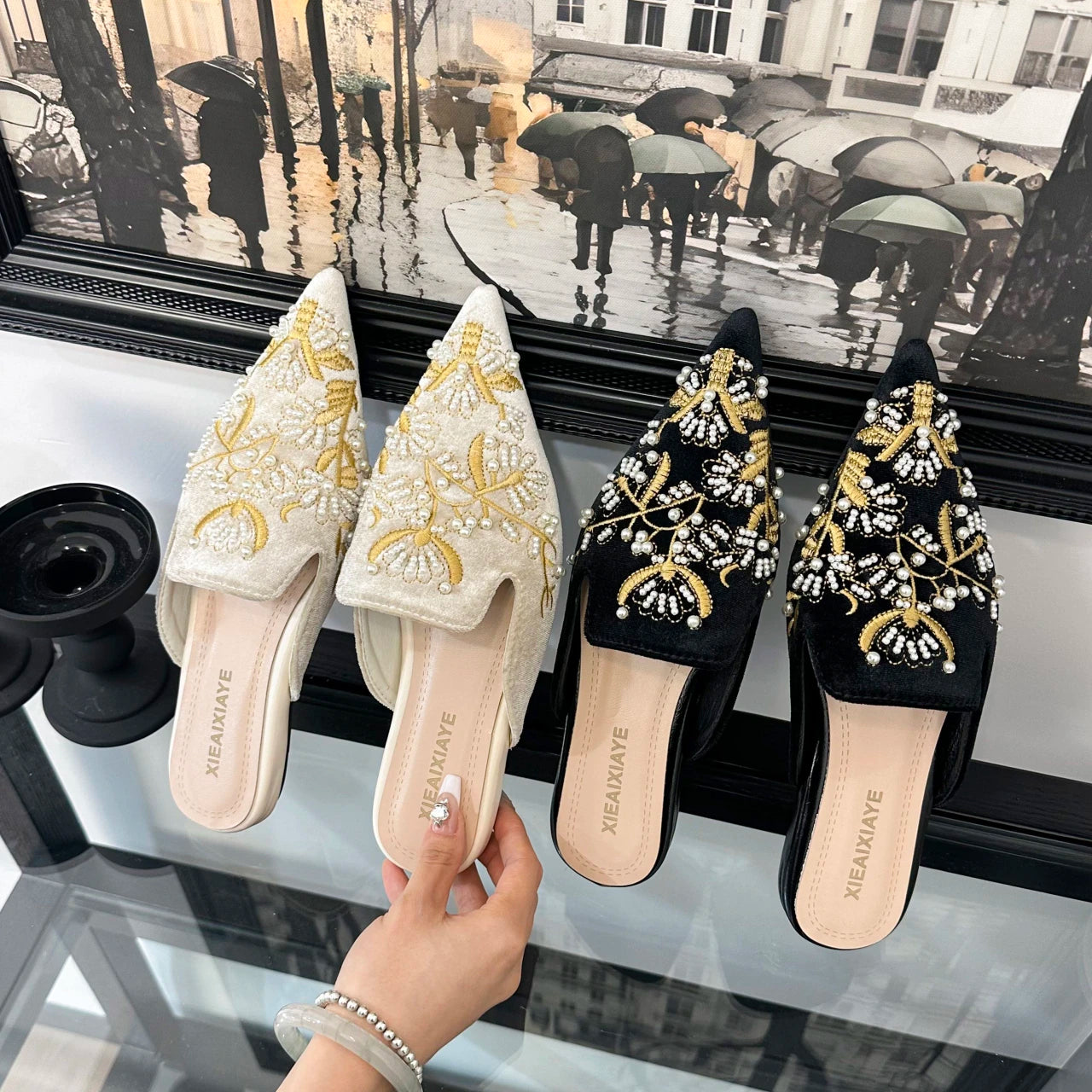 Embroidery Women Mules Slippers Luxury Elegant Pointed Toe Slides Shoes Ladies Sandalias Pointed Bead Embroidery Roman Style
