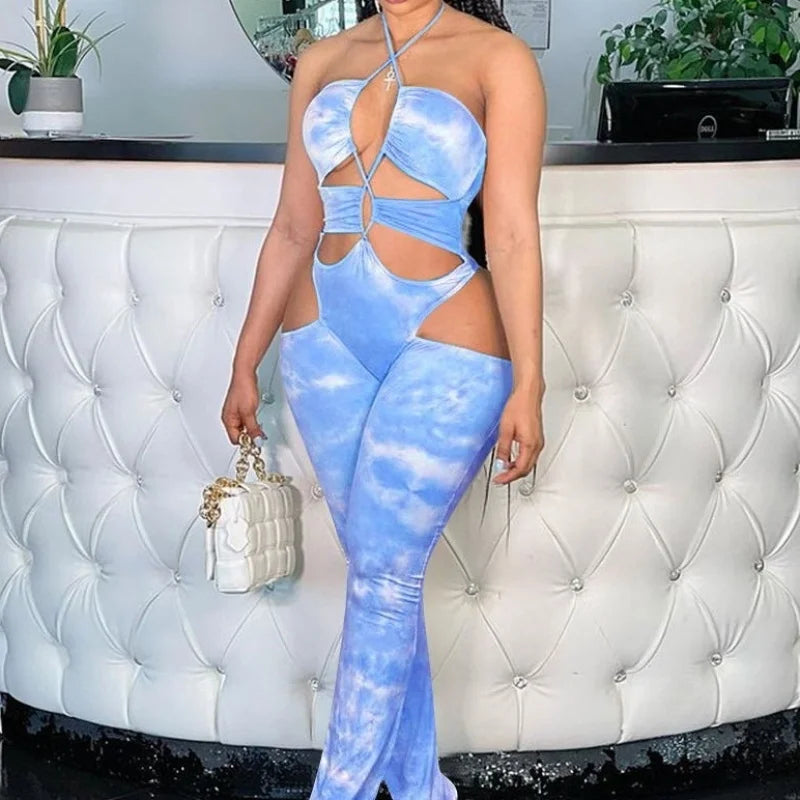 Trend Fashion Tie-Dye Printing Deep V-Neck Sleeveless Summer Jumpsuit Adjustable Straps Skinny Sport One Piece Romper Clubwear
