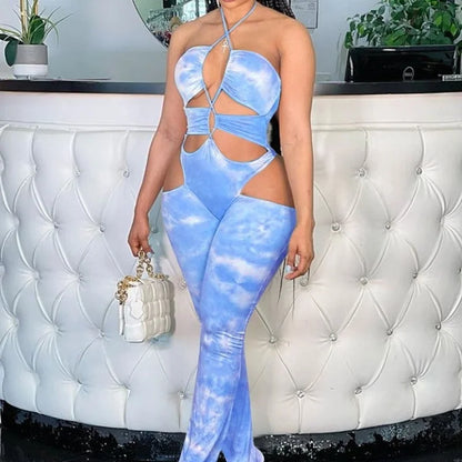 Trend Fashion Tie-Dye Printing Deep V-Neck Sleeveless Summer Jumpsuit Adjustable Straps Skinny Sport One Piece Romper Clubwear