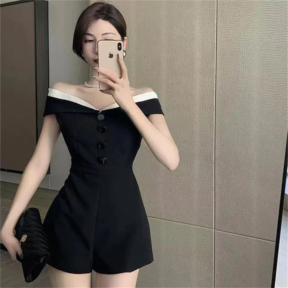 Korea Rompers Contrast color off shoulder single breasted jumpsuit women's summer new style casual wide leg shorts pants